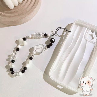 【Chamvn】Dây đeo điện thoại đính hạt đen trắng hình trái tim chữ cái chống rơi Ốp lưng điện thoại chống mất