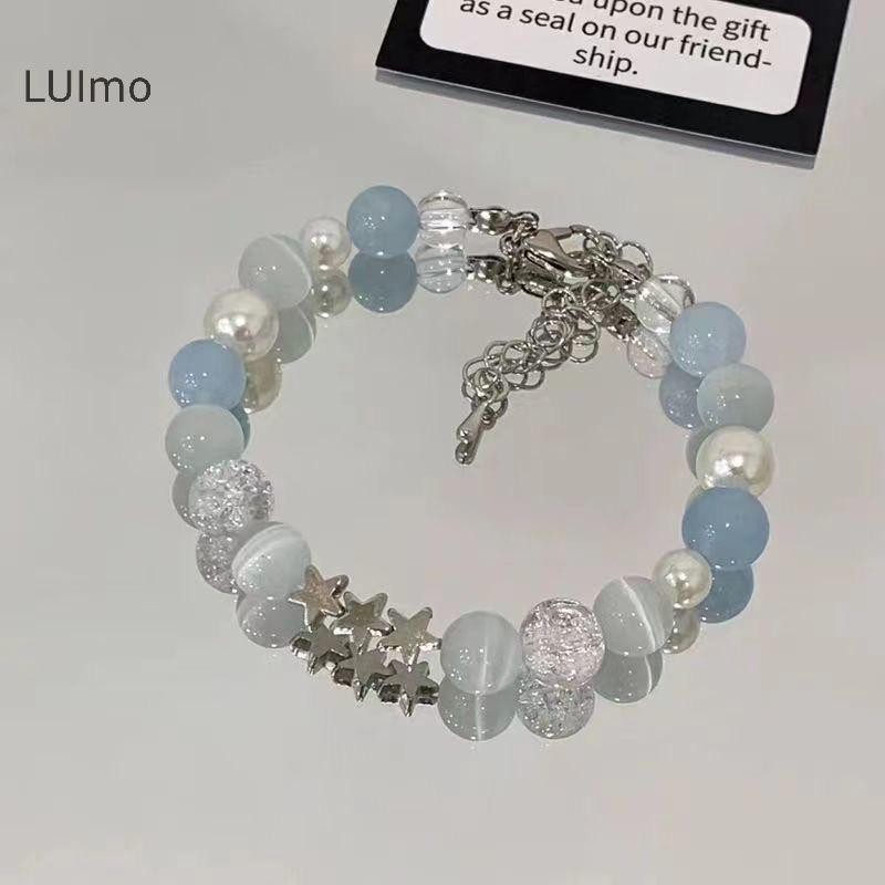 Vòng tay nữ LUImo phong cách Harajuku với ngọc trai đính hạt và màu xanh thủy tinh bóng, phù hợp làm quà tặng theo xu hướng Y2K