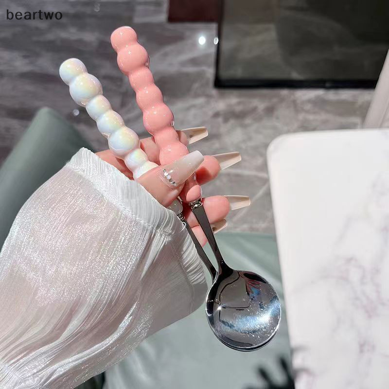 < Beartwo > Thìa Tay Cầm Ngọc Trai Thép Không Gỉ Thìa Khuấy Bánh Kem Món Tráng Miệng Thìa Thanh Phụ Kiện Nhà Bếp Đảng Dao Kéo Tiện Ích Đẹp