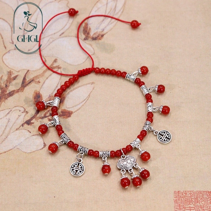 G GHGl Hàng có sẵn Quà tặng năm mới cho gia đình Dây đỏ Mã não đỏ tự nhiên Vòng chân Khóa an toàn cổ điển Chuông tua rua Phụ kiện vòng chân năm