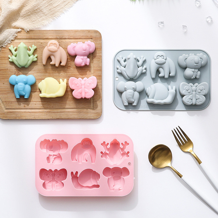 6 Khoang Động Vật & Côn Trùng Khuôn Silicon Ếch, Voi, Bướm, Koala, Orangutan, Trang Trí Bánh, Socola, Epoxy