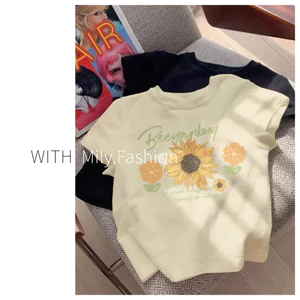 Milyfashion Cotton Hoa Hướng Dương In Vai Ngắn Tay Áo Thun Nữ Mùa Hè Mỏng Nhỏ Ngắn Top Bé tee