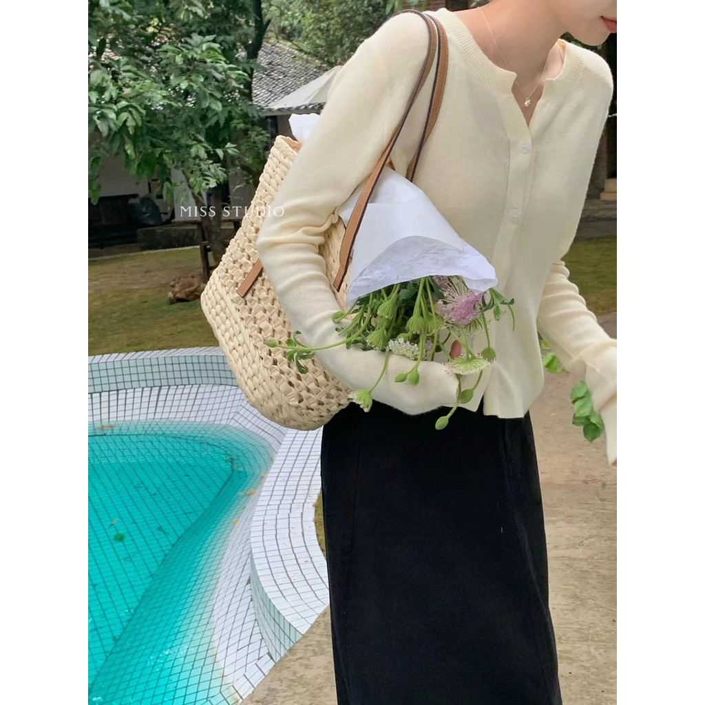 Suxi Thu Đông Mới Pháp Retro Cổ Tròn Dài Tay Dệt Kim Cardigan Áo Len Nữ 240901