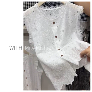 Milyfashion Ren Rỗng Móc Không Tay Áo Sơ Mi Ngắn Nữ Mùa Hè 2025 Phong Cách Mới Cho Bé Áo Sơ Mi Nhỏ Cổ Tròn Top Hợp Thời Trang