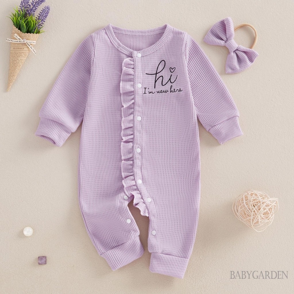 / / -Bộ Áo liền quần xếp nếp mùa thu in chữ dài tay cổ tròn Full Length Jumpsuit có nơ Headband