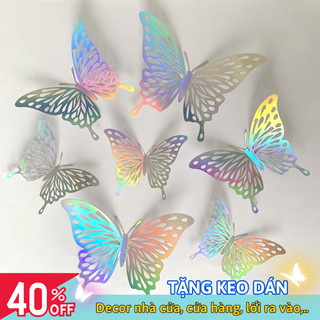 Set 12 Con Bướm Dán Tường 3D Myd.23 Bộ 12 Bướm Dán Tường Màu Bạc Lấp Trang Trí Tiệc, Nhà Cửa Kèm Keo Dán