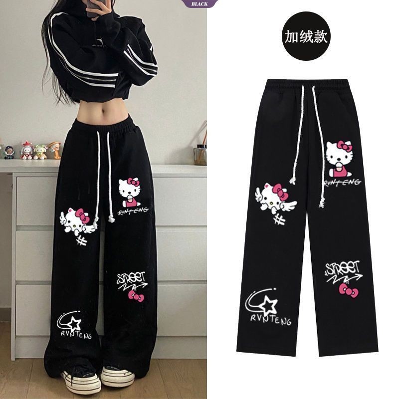Mỏng Mỹ Retro Hello Kitty In Graffiti Quần Dây Rút Ống Rộng Hip Hop Loose Straight Sweatpants [BL]