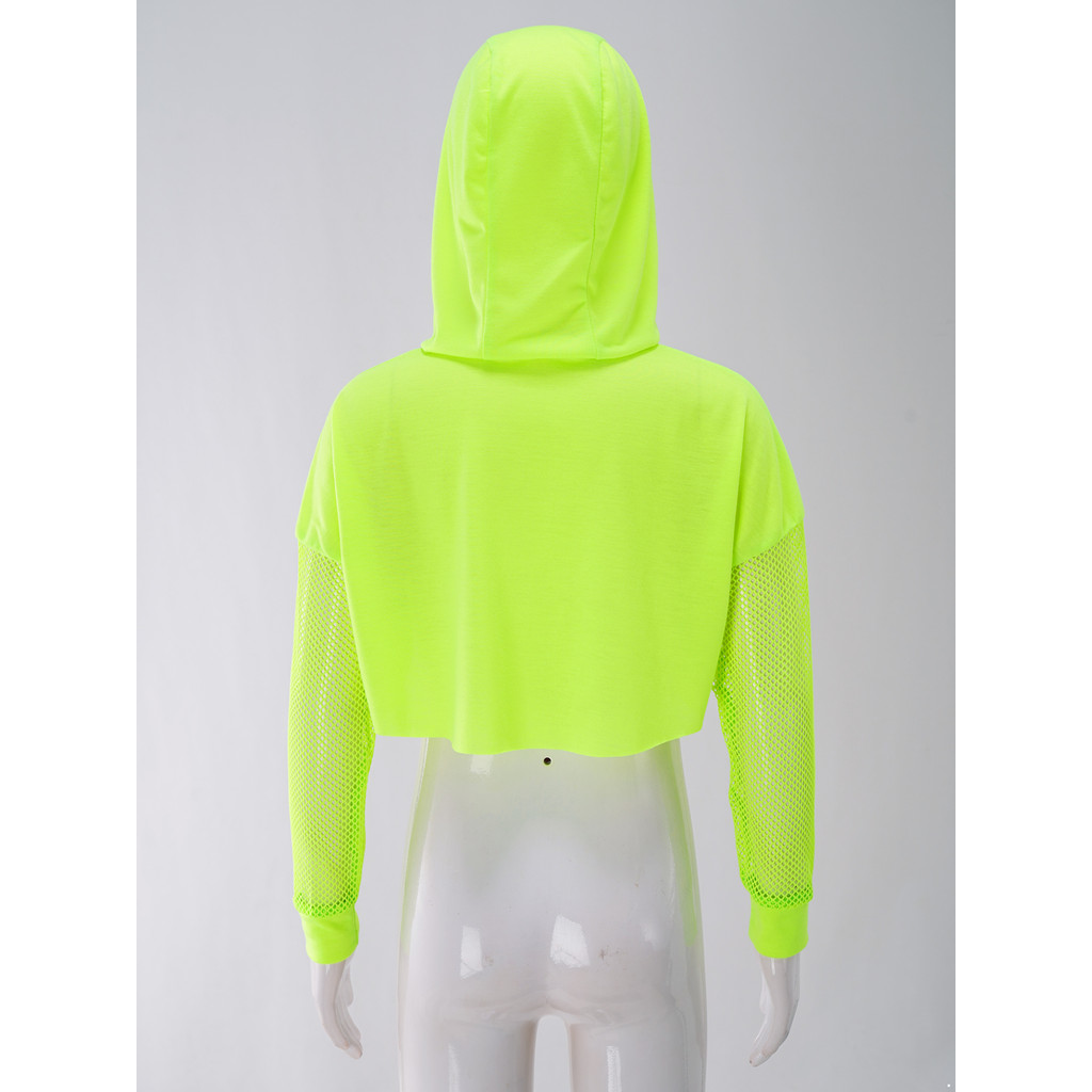 Nmy - 4-16 Trẻ Em Bé Gái Jazz Khiêu Vũ Trình Diễn Trang Phục Dây Rút Có Mũ Crop Top Sheer Lưới Chắp Vá Áo Khoác Tay Dài