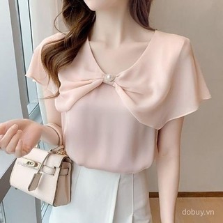 Mùa Hè 2025 Hàng Mới Về Nữ Áo Voan Tay Ngắn Có Nơ Chi Tiết Giảm Béo Và Mỏng Phong Cách Top