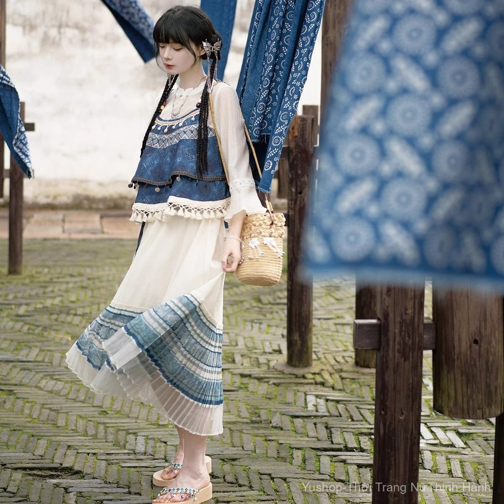 [YU]Váy lửng nhẹ nhàng, màu Indigo độc đáo, thêu tay, họa tiết in, phong cách dân tộc.