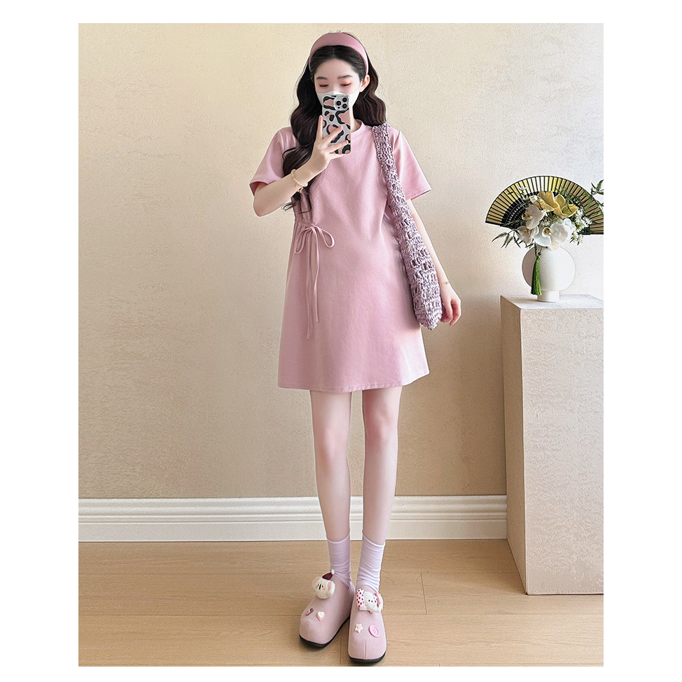 Trang phục bà bầu mùa hè, váy cà vạt dáng rộng style Hàn Quốc