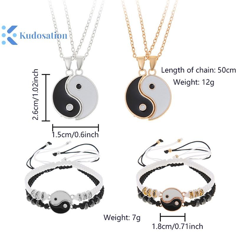 Kudosation 2 Chiếc Thái Cực Dương Cặp Đôi Mặt Dây Chuyền & Vòng Tay Bím Dây Xích Điều Chỉnh, Phù Hợp Người Yêu, Choker