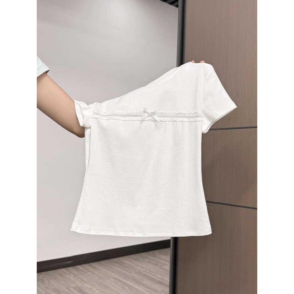Milyfashion Cotton Nguyên Chất Nơ Trắng Rỗng Cổ Tròn Tay Ngắn T Mùa Hè Slim-fit Ôm Hơn Nhìn Phù Hợp Với Áo Ngắn Nữ tee