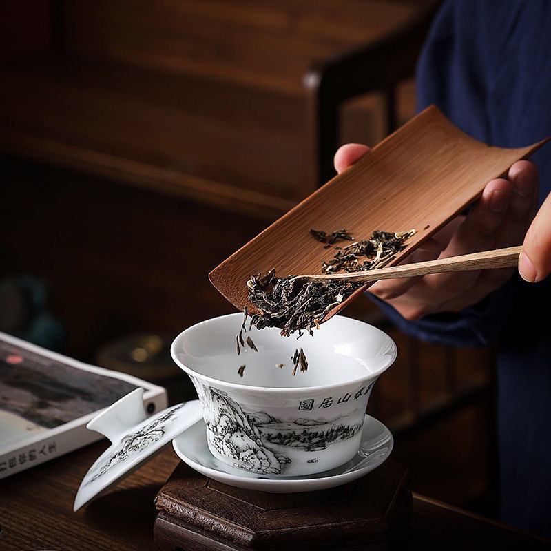 Bộ Trà Gốm Kung Fu Xanh Trắng Sancai Gaiwan Trung Quốc Retro Teacup