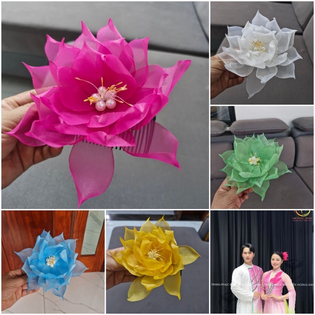 Cài tóc hoa sen vải organza siêu mịn siêu bóng đẹp, dùng để cài tóc biểu diễn văn nghệ
