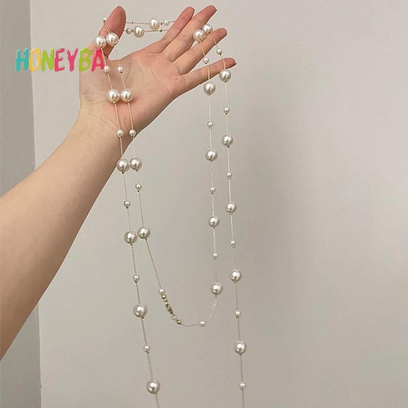 < Honeyba > Vòng cổ áo len ngọc trai mô phỏng hai lớp thanh lịch dành cho nữ Vòng cổ dây chuyền dài