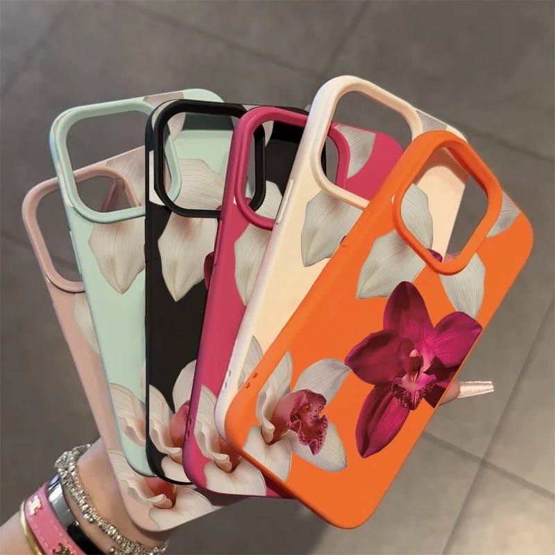 Vỏ Tương Thích Cho iPhone 16 11 12 13 14 15 17 Pro Max Cho iPhone 16e XR X XS Max 14 15 Plus Thiết Kế Hoa Lan Màu Đỏ Thanh Lịch Silicon Chống Rơi Vỏ Bảo Vệ