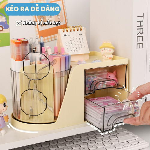 Kệ Đựng Đồ Đa Năng Xoay 360 - Hộp Đựng Bút Và Mỹ Phẩm Để Bàn, 2 Ngăn Kéo Tiện Lợi, Tối Ưu Không Gian