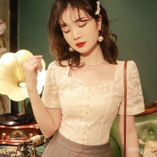 Áo thun ren phong cách retro Hepburn tay ngắn thêu họa tiết cổ tích, cổ vuông độc đáo