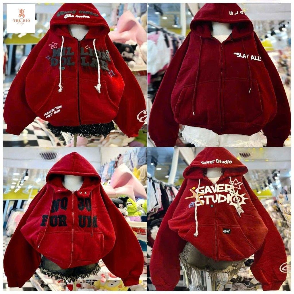 TỔNG HỢP CÁC MẪU ÁO KHOÁC NỈ MÙA ĐÔNG FORM RỘNG TAY LỠ UNISEX  MÀU ĐỎ-THUBIO98