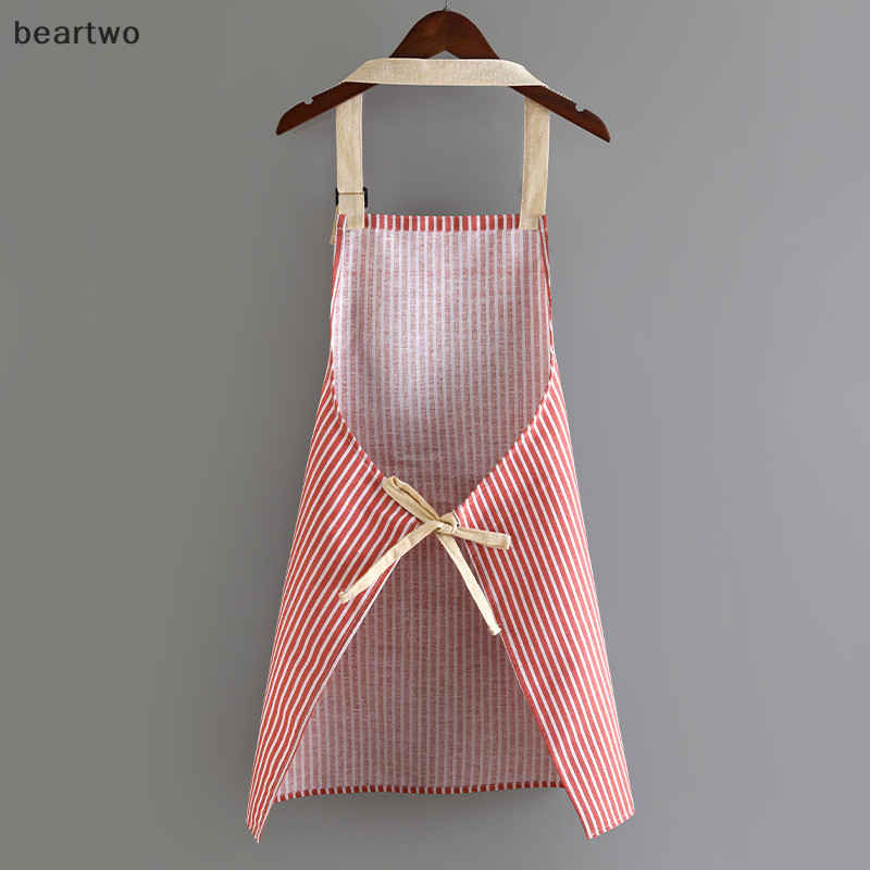 < Beartwo > Tạp dề không tay Tạp dề cổ thoáng khí Nhà hàng Vải lanh Cotton đặc biệt Vệ sinh nhà bếp Tạp dề sọc dọc đẹp