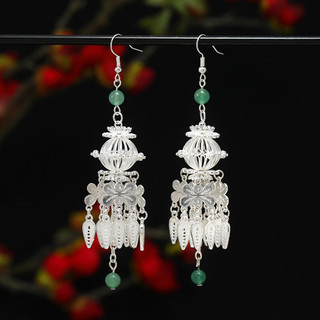 Bông tai bạc Miao phong cách Trung Quốc, tua dài ngọc bích Aventurine, kẹp tai nữ, móc bạc S925
