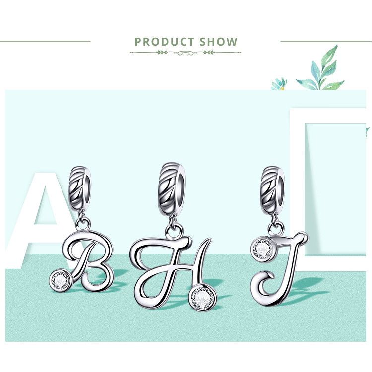 Bamoer Real 925 Bạc Charm Hạt Chữ A ~ Z Mặt Dây Chuyền Cho DIY Vòng Tay Vòng Cổ Phụ Kiện