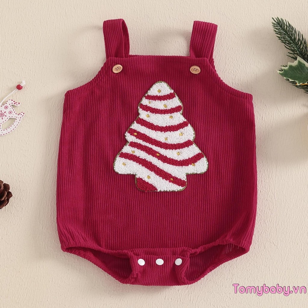 Bộ áo liền quần không tay thêu cây thông Noel cho bé gái