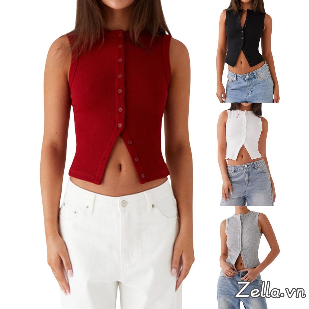 Áo Vest không tay có nút cho nữ mùa hè thường ngày Áo Vest không tay màu trơn