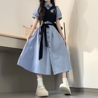 Bộ đồ / một mảnh nữ sinh viên tay phồng sọc cổ POLO cổ áo sơ mi ngắn tay + Áo Vest phong cách Preppy 8.26