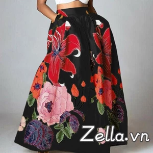 Váy dài nữ Bohemian in hoa túi dáng rộng vừa vặn eo co giãn Váy phồng