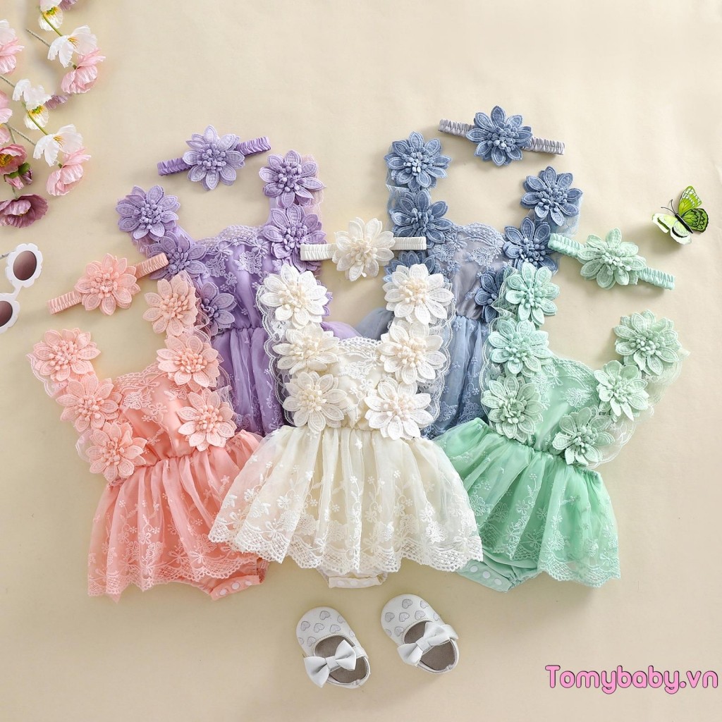 Bộ áo liền quần lưới thêu hoa cho bé gái + Bộ 2 món