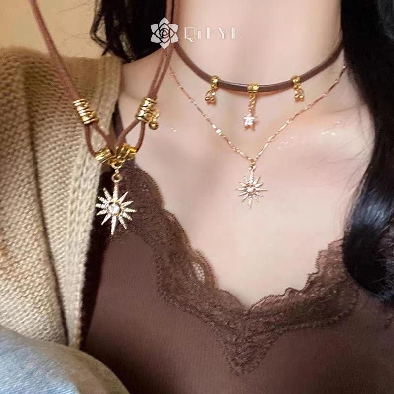 Qrhyk Thời Trang Nữ Vintage Da Vòng Cổ Choker Hai Lớp Ngôi Sao Mặt Dây Chuyền Trang Sức Có Thể Điều Chỉnh Dây Xích Mới