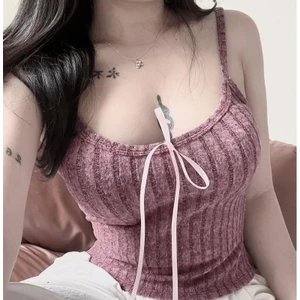 BARE_Áo hai dây len nữ phối dây nơ ruy băng phong cách quyến rũ - A310 Women Top Nhung Ren Sen Viền