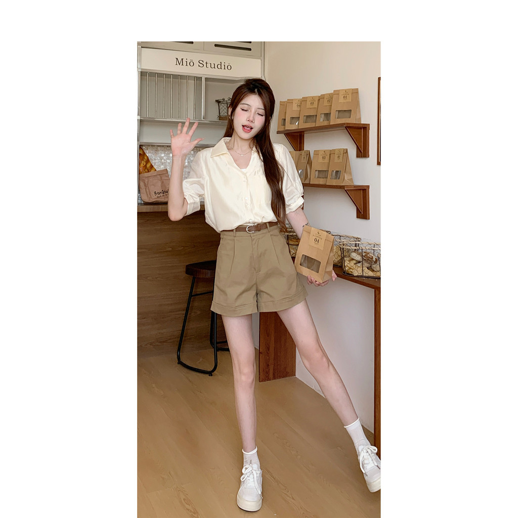 Mutu Áo sơ mi ngắn tay nữ mùa hè 2026, phong cách Pháp, cổ chữ V, dáng slim-fit
