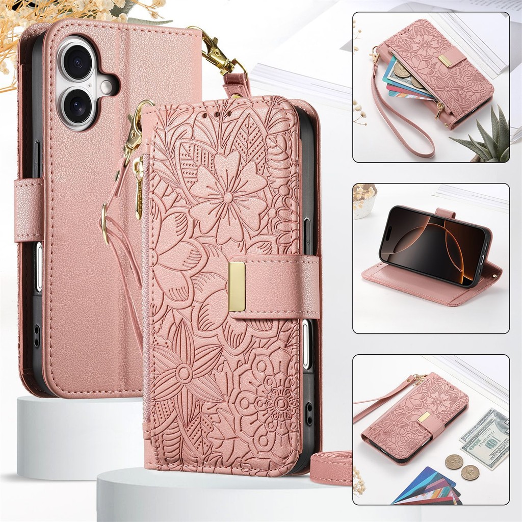 Dây Kéo Đeo Ngang Da Lật Ví Khe Cắm Thẻ Ốp Lưng Điện Thoại Cho IPhone 16E 16 Plus 15 14 13 12 17 Pro Max Dây Đeo Cổ Tay Funda Bao