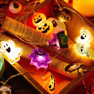 Đèn Halloween chạy bằng pin - 10 Phụ kiện bí ngô & ma đầy màu sắc, Đèn dây nhựa bền 1,5M để trang trí bàn / tường / cây, không cần dây