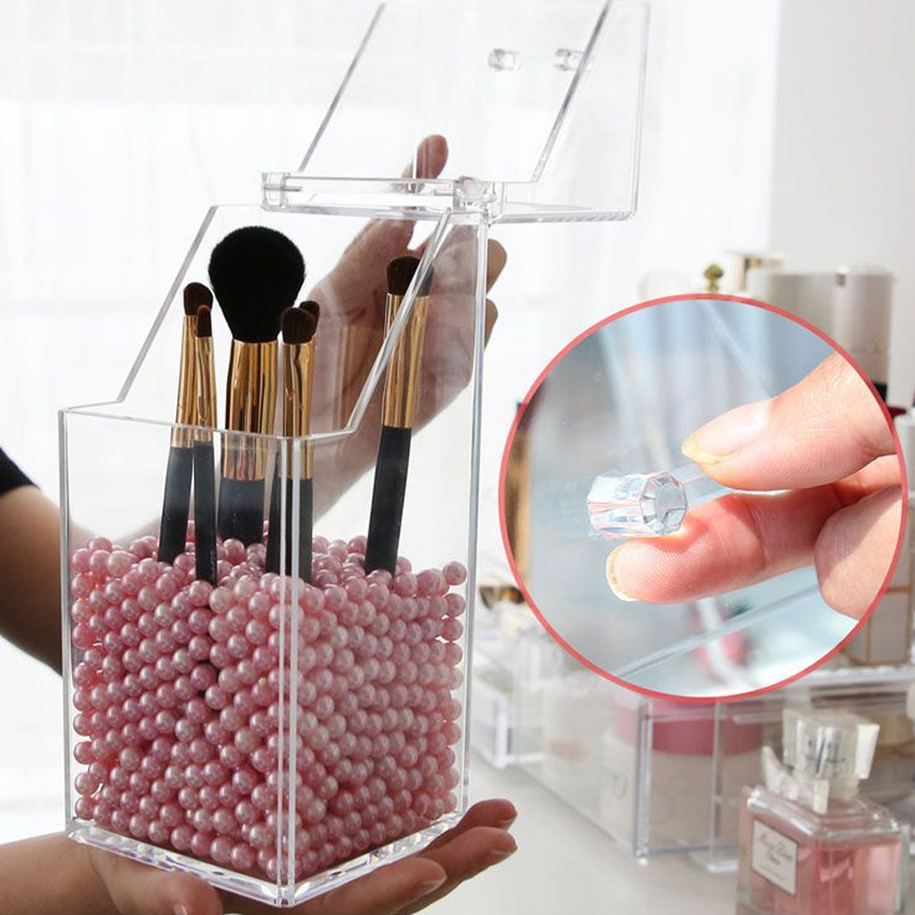 Dụng cụ sắp xếp cọ trang điểm trong suốt có nắp vệ sinh - Chất liệu PET dày Bảo quản mỹ phẩm, Hộp đựng máy tính để bàn cho hơn 50 bàn chải, Bề mặt dễ dàng làm sạch