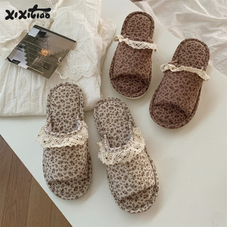 Xixitiao Phong Cách Nhà Retro Hoa Bốn Mùa Đa Năng Thường Ngày Ren Cạnh Cotton Vải Lanh Dép Nữ