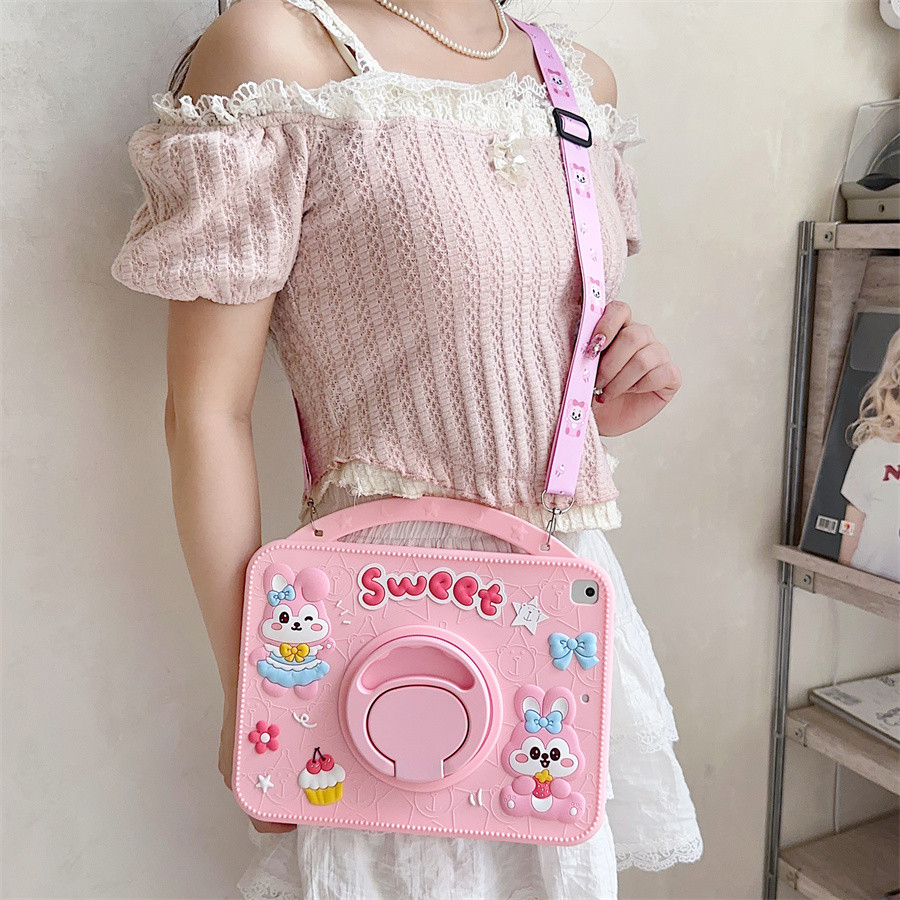 Ốp Lưng Tương Thích Cho iPad (A16) 11th 2025 11 "Vỏ Máy Tính Bảng Trẻ Em An Toàn Xoay 360 Đứng Dây Đeo Thỏ Bao