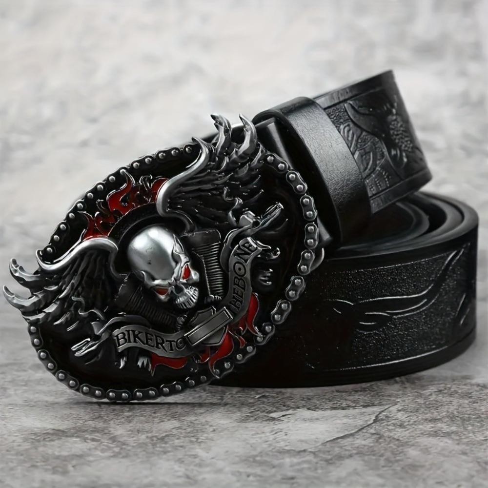 Thắt lưng punk retro da PU, thiết kế đầu lâu gothic hiện đại, phù hợp unisex
