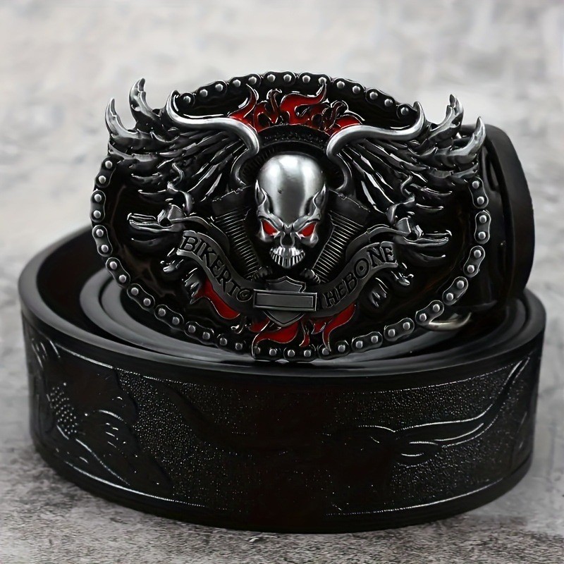 Thắt lưng punk retro da PU, thiết kế đầu lâu gothic hiện đại, phù hợp unisex