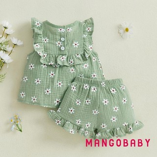 MG-Baby Kids Girls Quần Short Bộ Hoa Không Tay Cổ Cổ Tròn Áo Và Quần Short Trang Phục 2 Món Mùa Hè