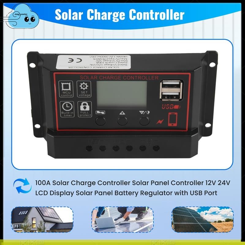 Bộ điều khiển sạc 100A cho pin mặt trời, màn hình LCD, 12V 24V, kèm cổng USB