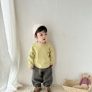 Mùa Thu Phong Cách Mới Trung Nhỏ Trẻ Em Áo Thun Dài Tay Bé Cổ Tròn Nút Đáy Áo Bé Trai Bé Gái Hoạt Hình Áo