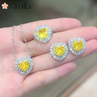 ❤ Hình Trái Tim Sáng Tạo Bộ Trang Sức Full Kim Cương Bông Tai Nữ Lãng Mạn Nhẫn Tình Yêu Sáng Tạo Đơn Giản Citrine Mặt Dây Chuyền Vòng Cổ Kim Cương Hồng Quà Tặng Người Yêu