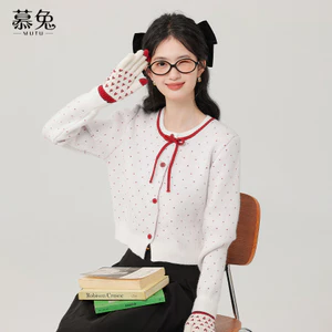 Mutu Polka Dot Cổ Tròn Dệt Kim Áo Len Cardigan Nữ Mùa Xuân 2026 Phong Cách Mới Dài Tay Áo Khoác Ngắn