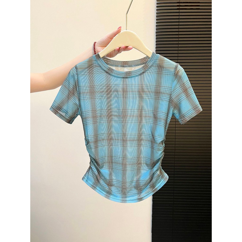 Milyfashion Retro Kẻ Sọc In Tất Cả Trận Đấu Lưới Ngắn Tay Top Mùa Hè Mỏng Gọn Rộng Ôm Hơn Nhìn T