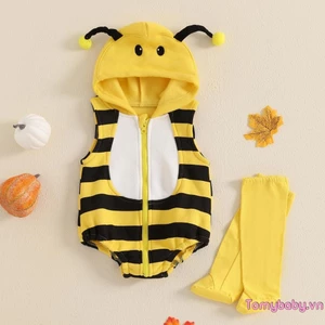 Bộ trang phục ong cho bé Bộ áo liền quần có mũ trùm đầu không tay + Tất dài Trang phục ong Bumble