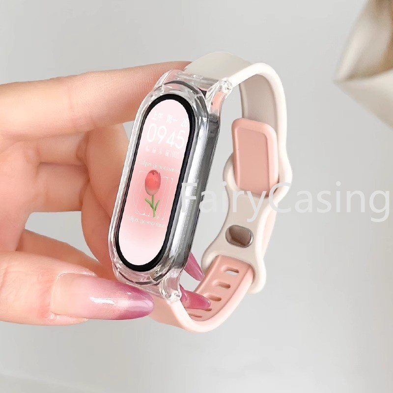 Dây đeo silicon + vỏ trong suốt cho Xiaomi Mi Band 10 9 8 7 6 5 4 3 Dây đeo cổ tay thay thế Vòng đeo tay có thể điều chỉnh Correa